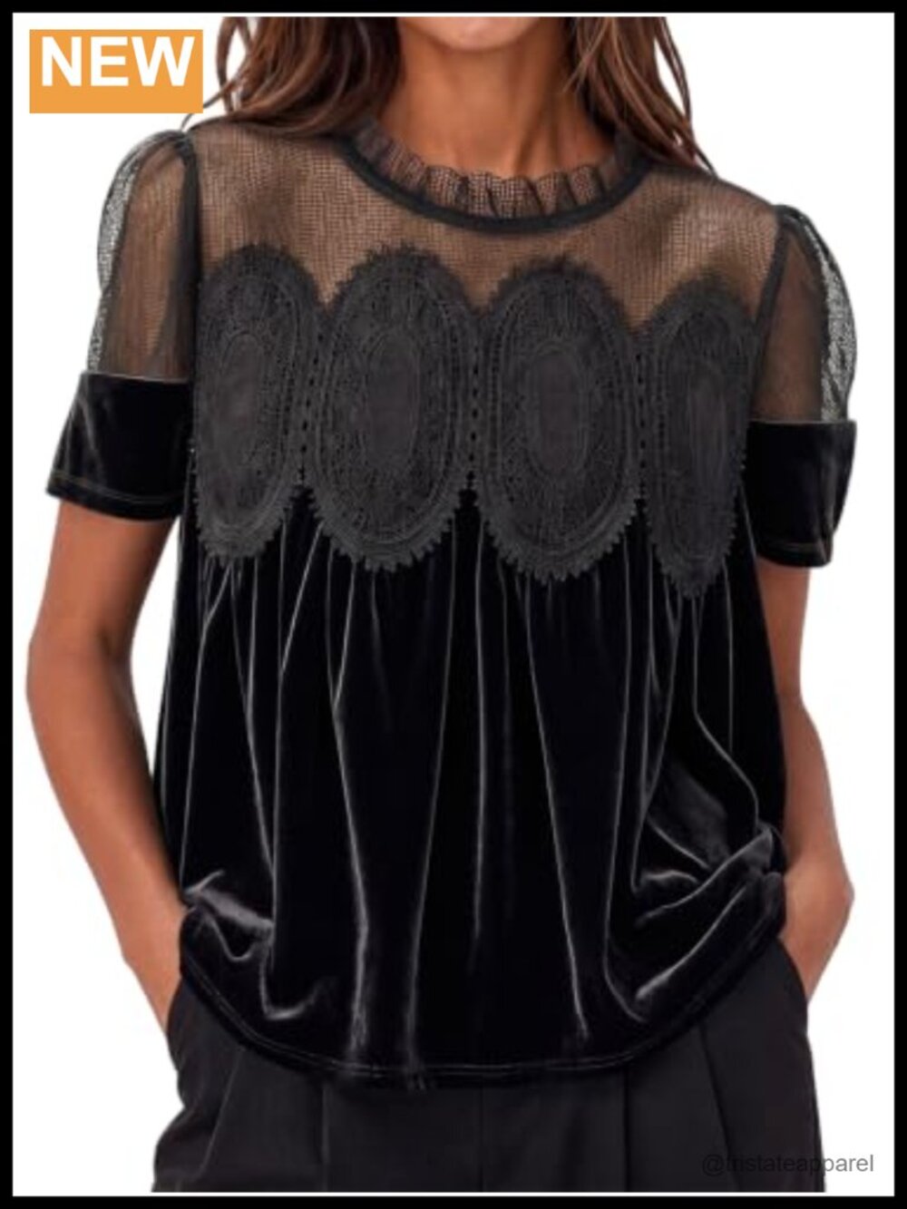 Women's Velvet Lace Peplum Blouse Babydoll Puff Sleeve Top